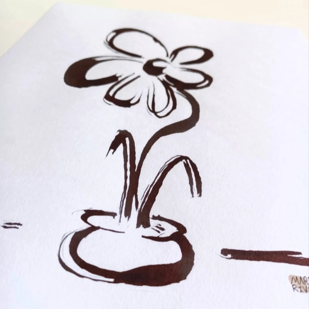 ORIGINAL ART Flowy Flower Pot by Maria Rivera. 9x12
